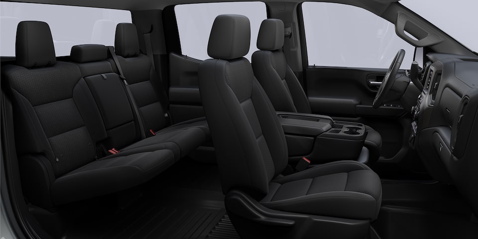 Acabado interior en tela color negro de tu Chevrolet Silverado Turbo 2025, camioneta de trabajo